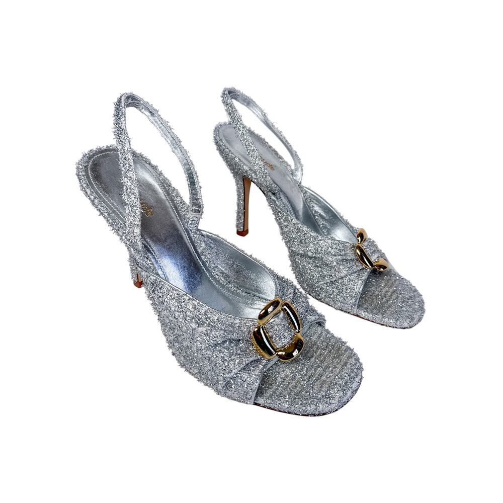 Larroudé Mayfair Sandal Silver Lurex Slingback Heels Size 9.5 Gold Hardware